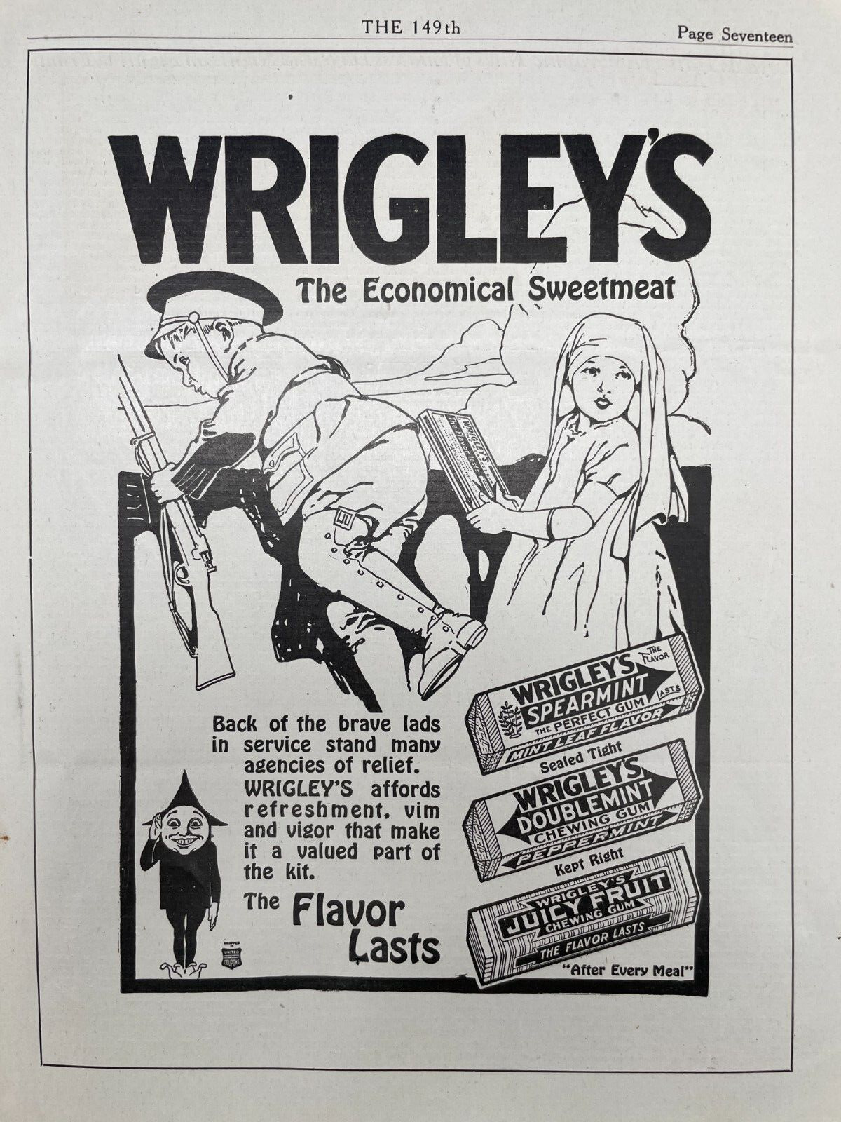 1918 WRIGLEY'S Double Mint Chewing Gum Sweetmeat WWI Child Soldier Print Ad