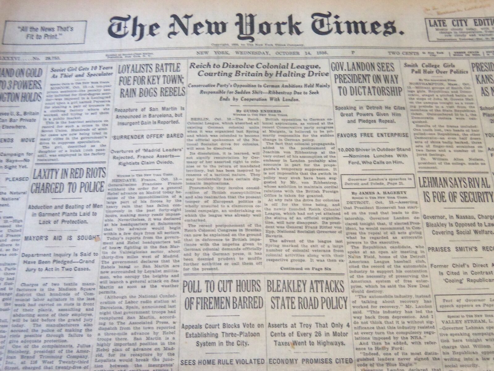 1936 OCTOBER 14 NEW YORK TIMES - REICH TO DISSOLVE COLONIAL LEAGUE - NT 6693