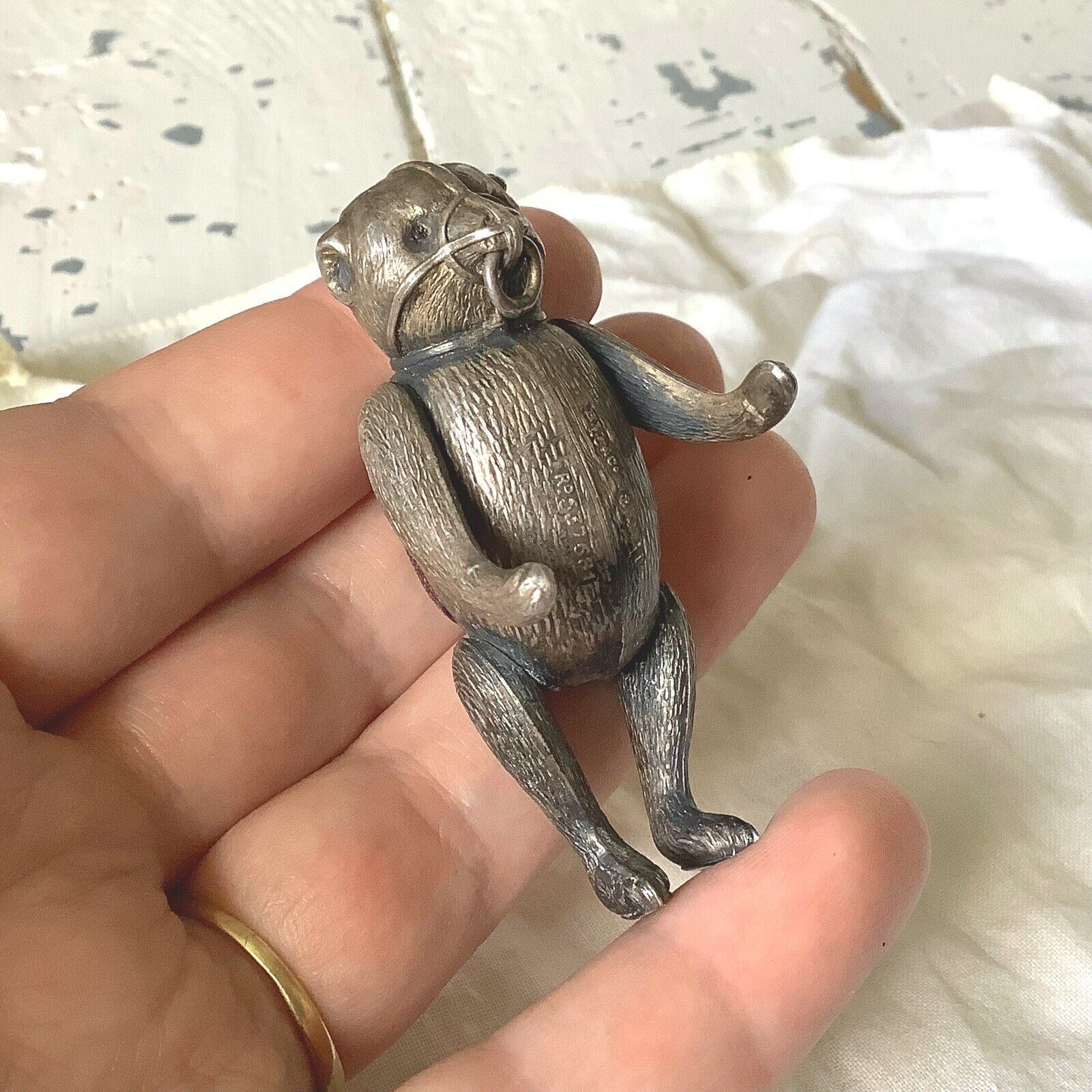 Antique Sterling Articulated Pincushion Bear 1908 Hallmark HV Pithey Chatelaine