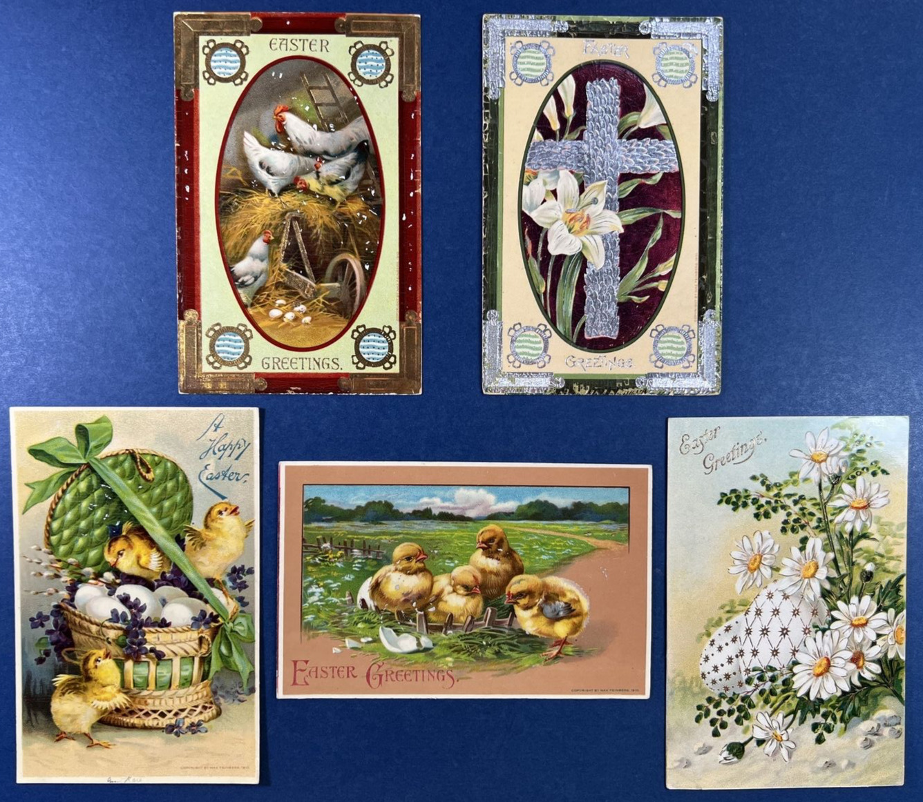 5 Nice Easter Antique Postcards. EMB. Gold/Silver. Chicks, Flowers, Cross
