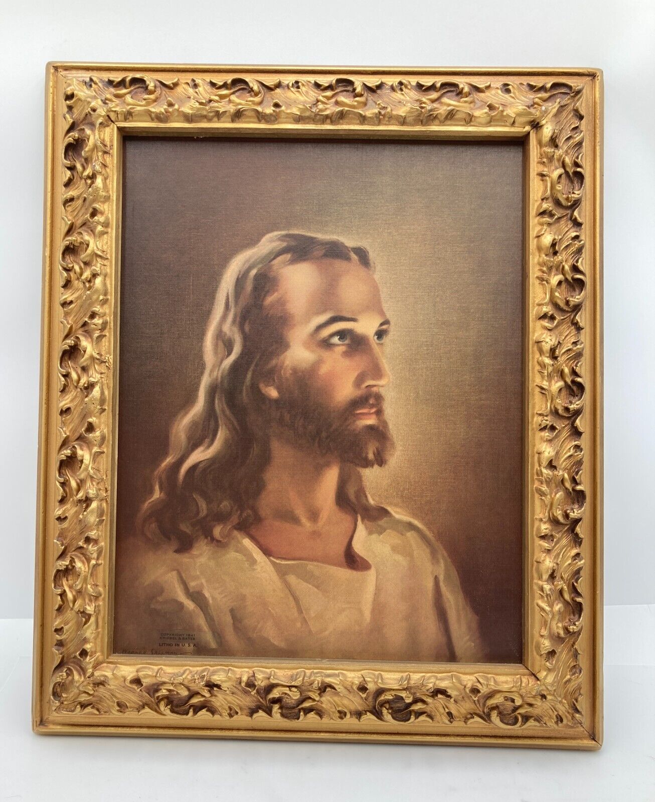 Iconic Warner Sallman Head of Christ 1941 Litho Print Nice Gilt Frame