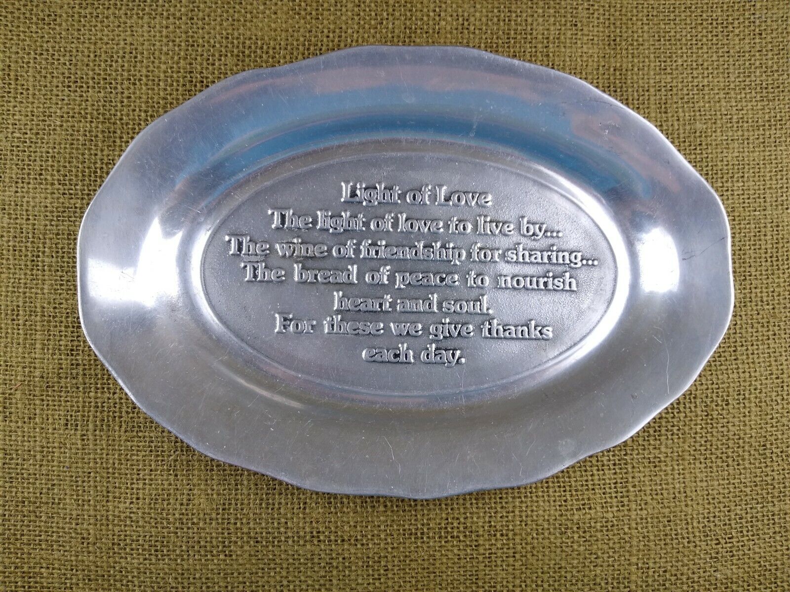 Pewter Platter Tray Bread Dish Vintage Light of Love Nourish Heart Soul Prayer