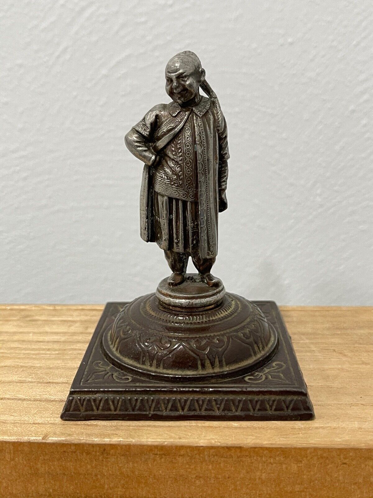 Vintage Antique Asian Silvered Metal Statue / Figurine of Man in Robe