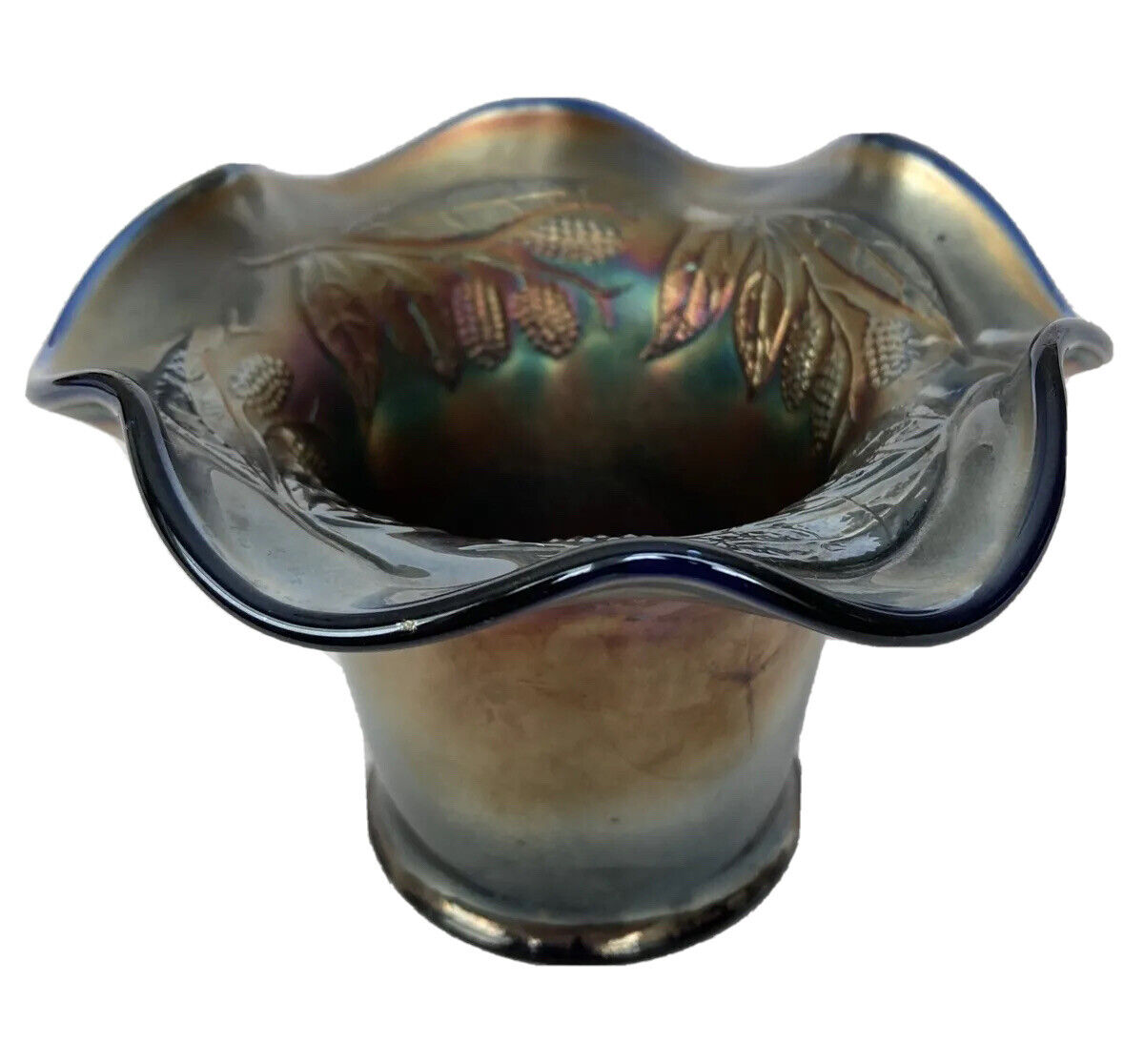 Fenton Blackberry Spray Hat-Shaped Vase Blue Carnival Glass Bowl