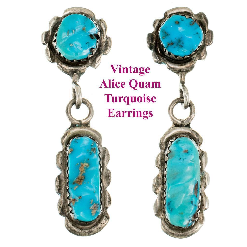 ALVINA QUAM Turquoise Earrings Carved Natural Leaf Sterling Silver Old Pawn ZUNI