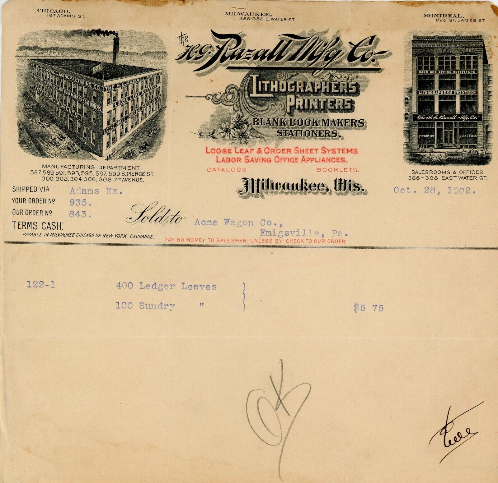 Milwaukee WI Billhead The K.G. Razall MFG Co 1902 Lithographers Printers