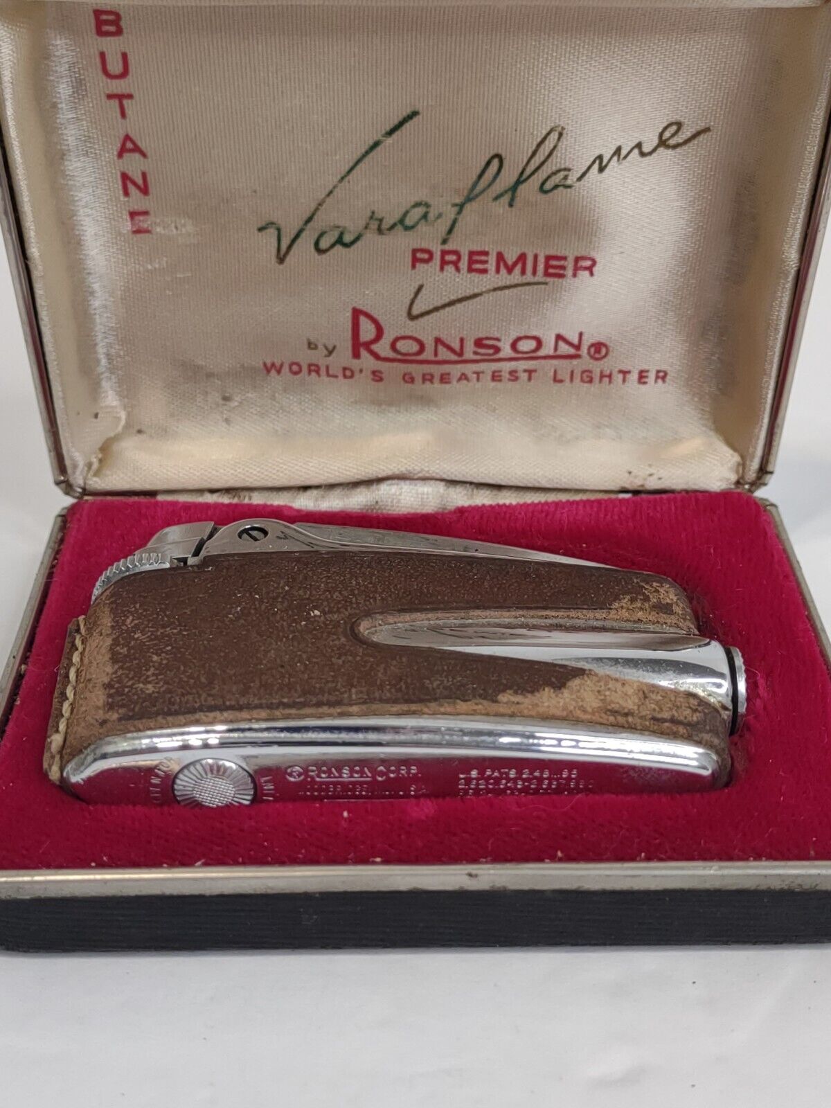 Leather Ronson Varaflame Premier Lighter Silver Tone Vintage NJ USA