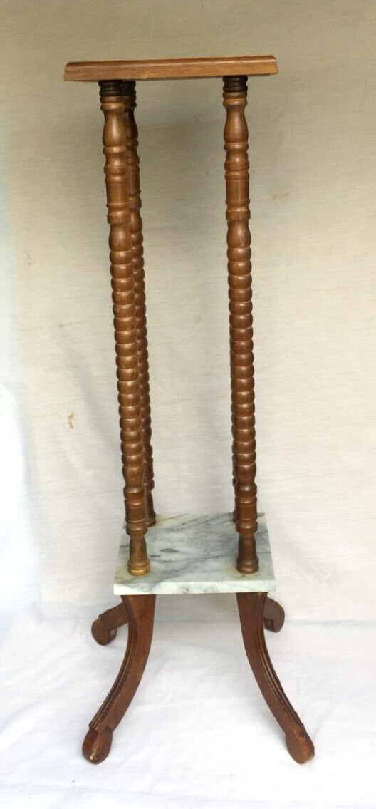 Antique Two Tier Wood Marble Top Turned Spindle Legs Display Stand - Nice
