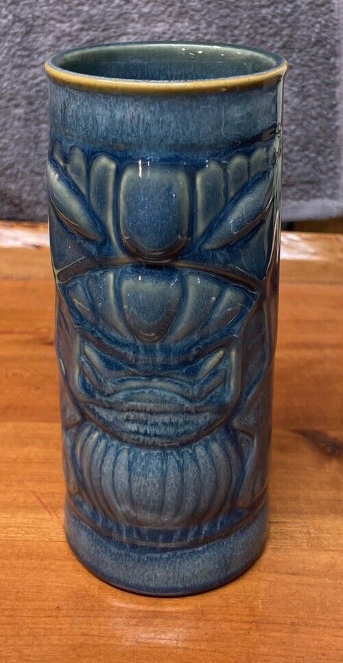 Vintage Libbey Blue Ceramic Tiki Tribal Hawaii Drinking Glass Mug Tankard 1960's