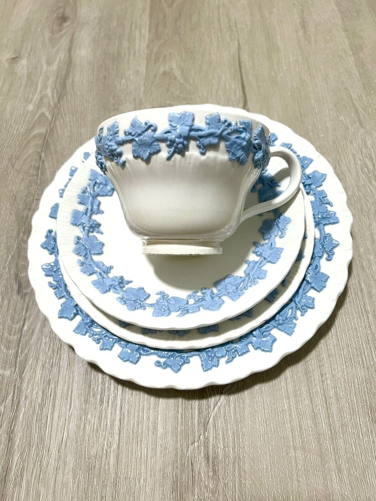 Wedgewood Queens Embossed Ware Lavender on Cream Tea cup , Saucer and Plate set