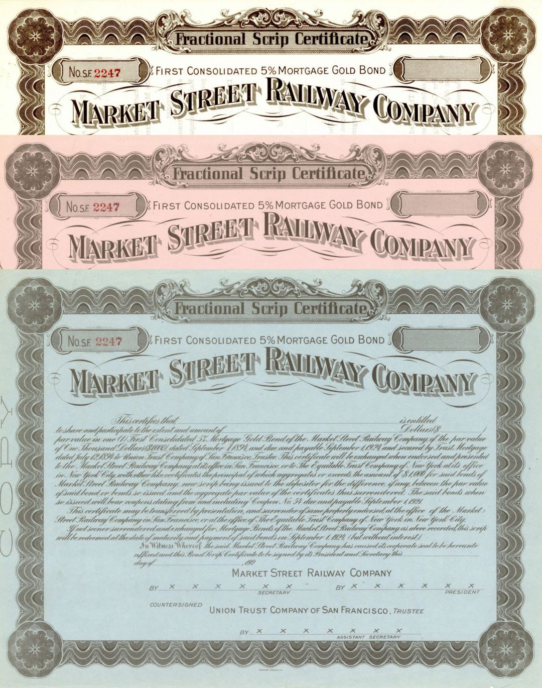 Market Street Railway Co. - Unissued Set of 3 California Railroad Bonds - Extrem