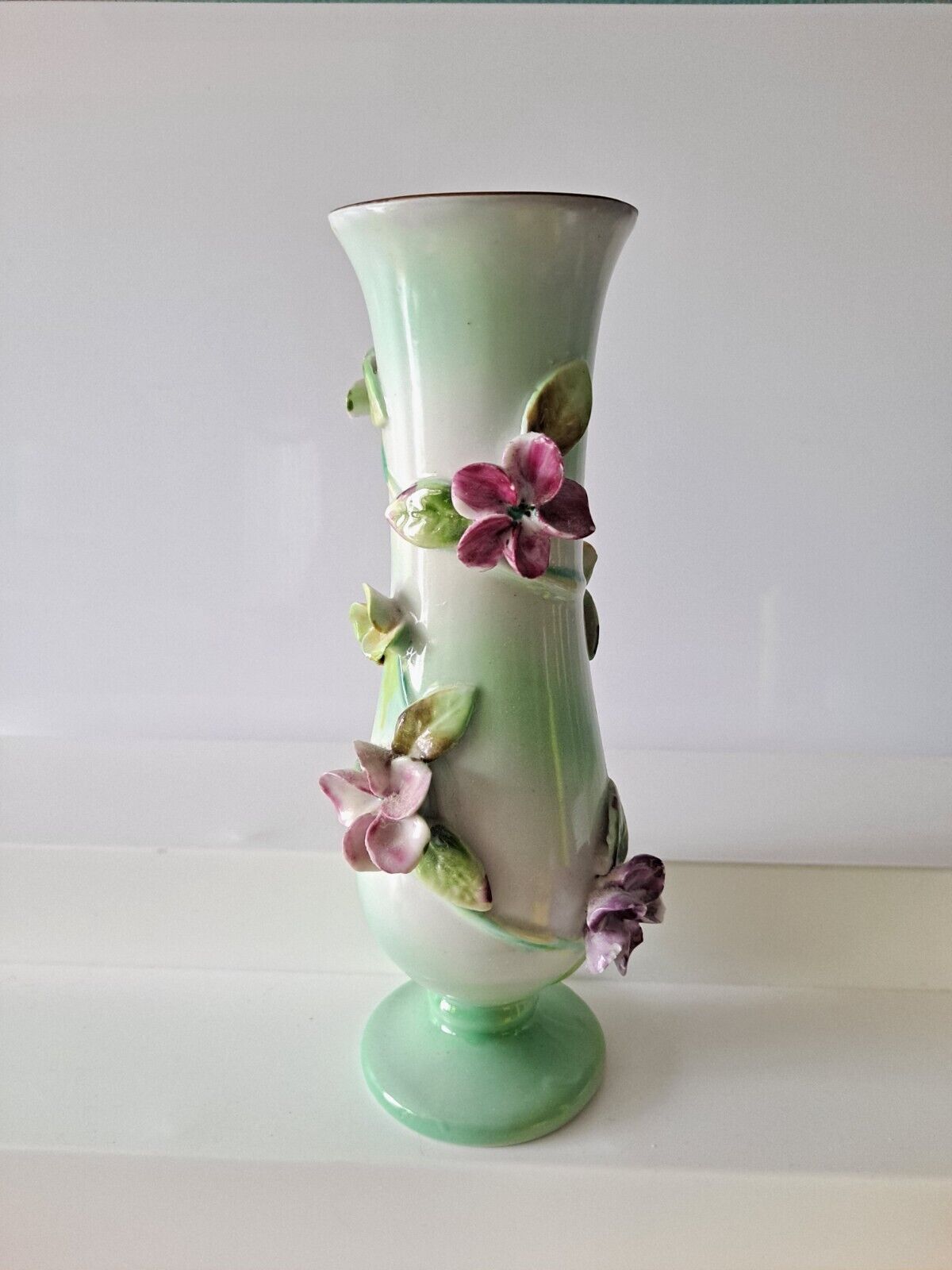 Vintage Ceramic Hand Painted Vase with Flowers Ucagco  1960\'s Japan 7 1/4 in