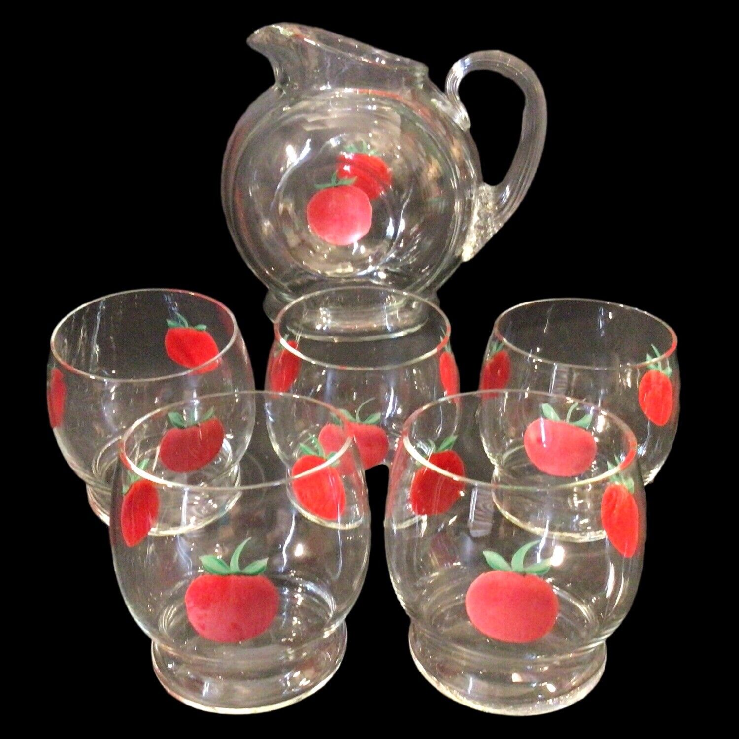 Vintage Glass Pitcher with 5 Juice Glasses Mid Century Modern Hand Painted
