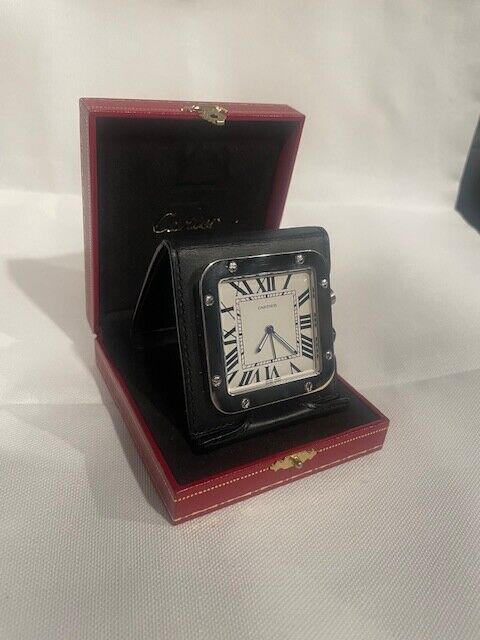 Cartier Santos Travel Clock - Stainless Steel/  Brass and Black Leather preowned