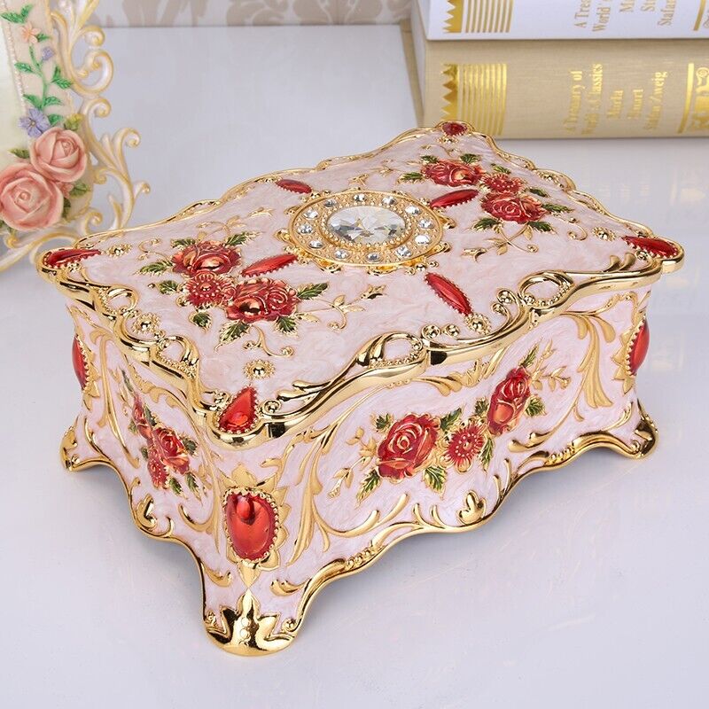 WHITE RECTANGLE GOLD TIN ALLOY RED ROSE  MUSIC BOX  :  CLAIR DE LUNE DEBUSSY