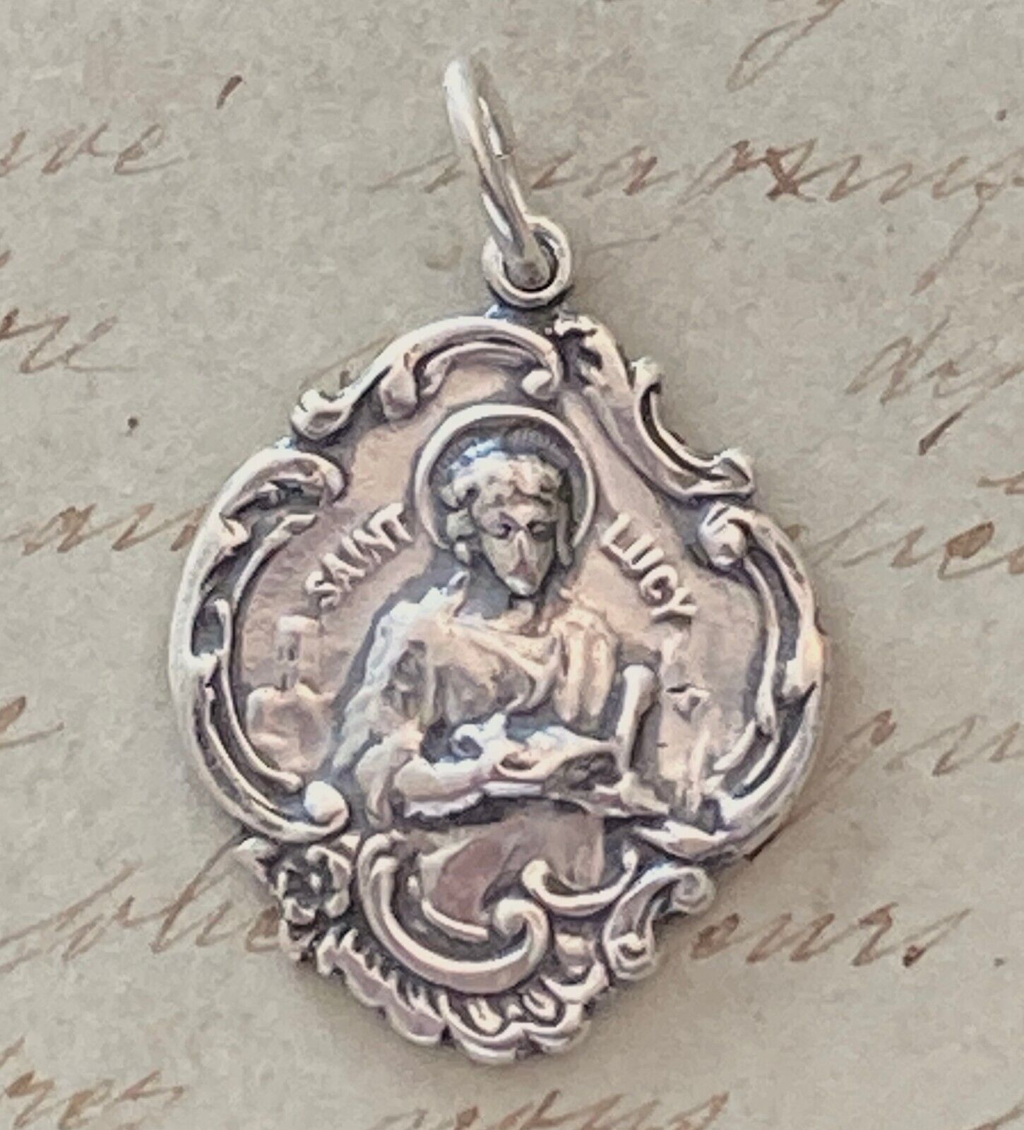 St Lucy Medal - Patron against vision problems - Sterling Silver Antique Replica