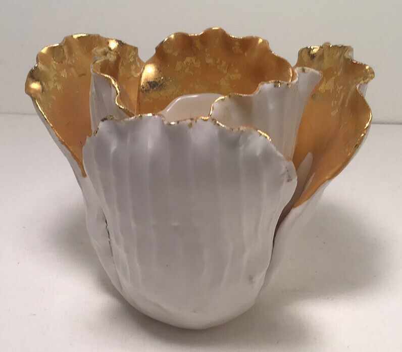 Candleholder Votive Gold White Floral Six Petals Decor 4”/5”