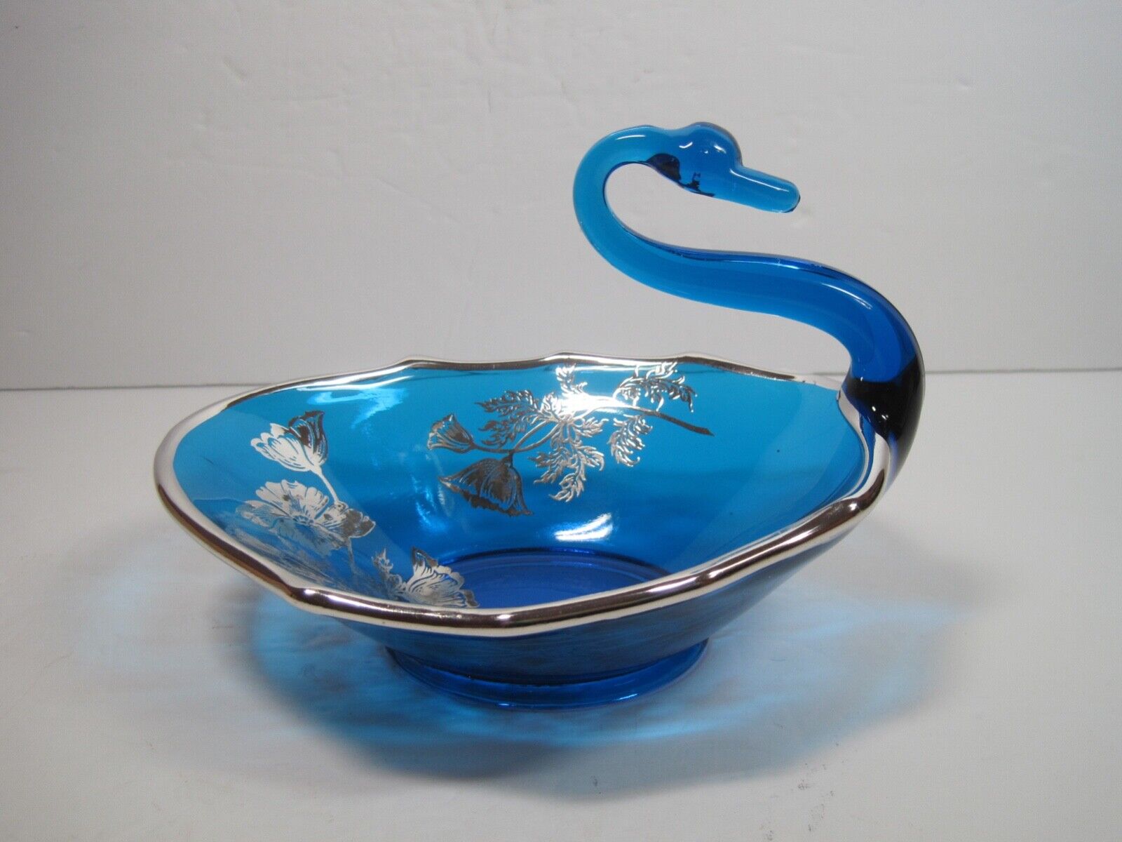 Vintage Blue Silver Swan Shape Glass Candy Dish Trinket 6.5\