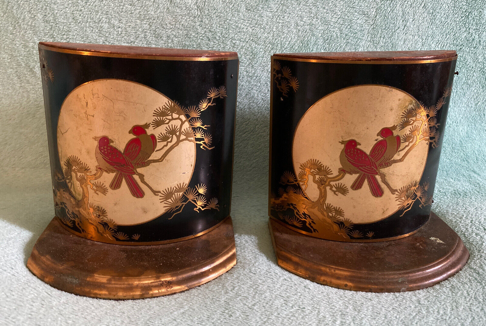 Pair Mid-century Grammes enamel brass & wood Oriental bookends