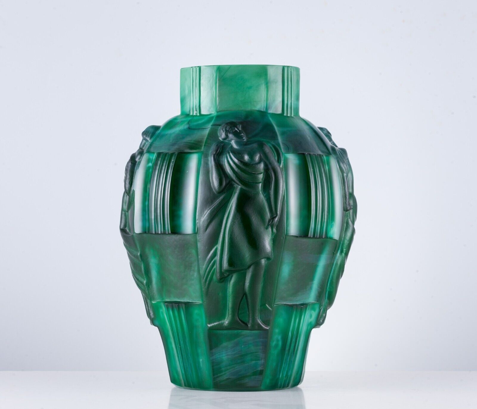 Antique Czech Art Deco Malachite Glass Vase with Danci Figures's, Curt Schlevogt