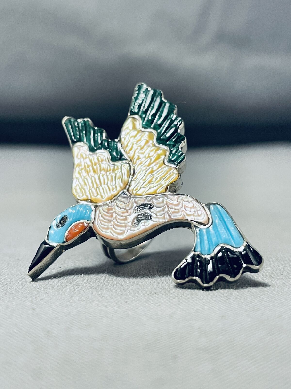 IMPORTANT AND INCREDIBLE ZUNI TURQUOISE STERLING SILVER HUMMINGBIRD RING