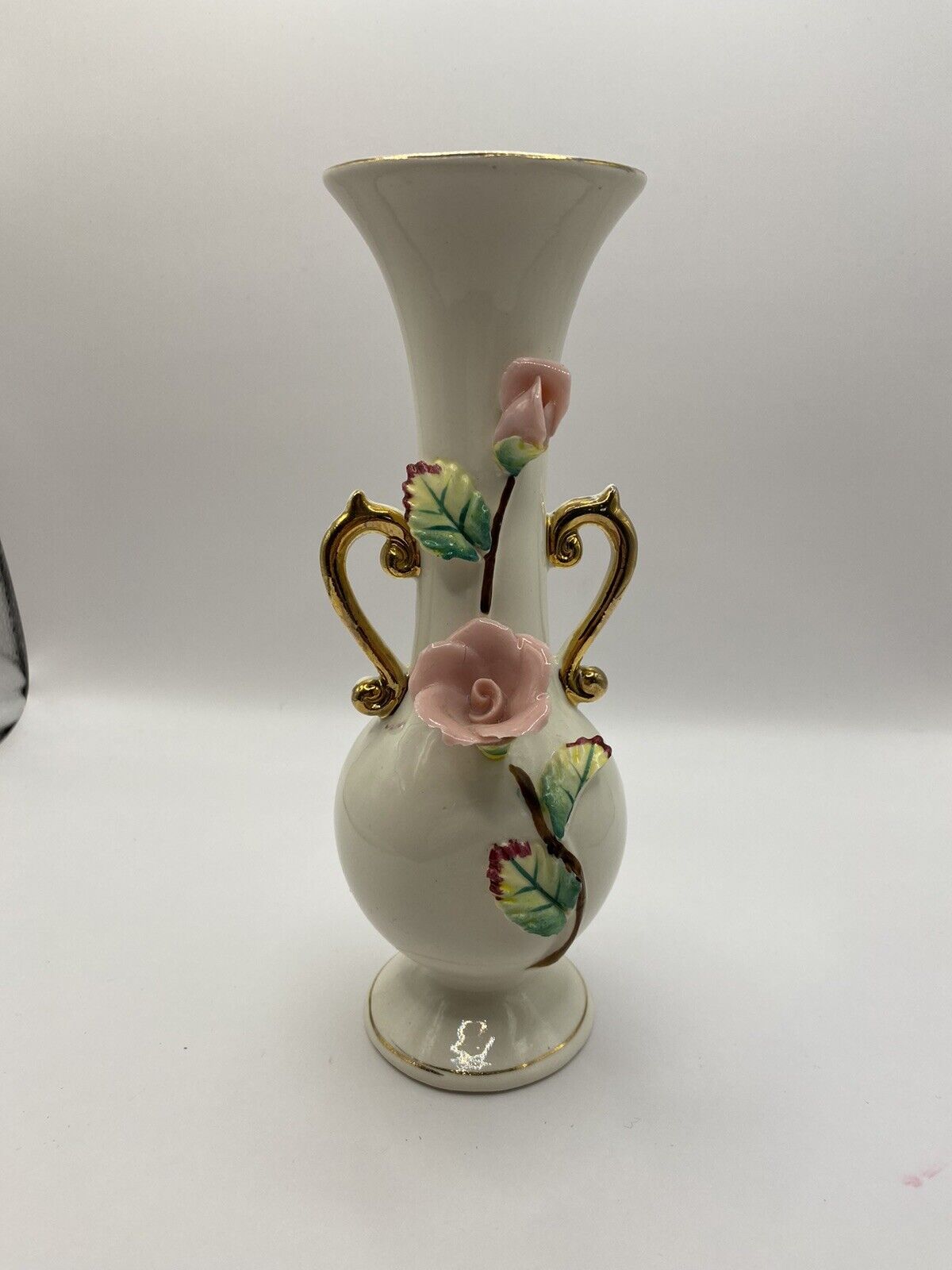 Ucagco Ceramic Japan Vase w/Applied Pink Roses & Leaves & Gilt Handles - Vintage