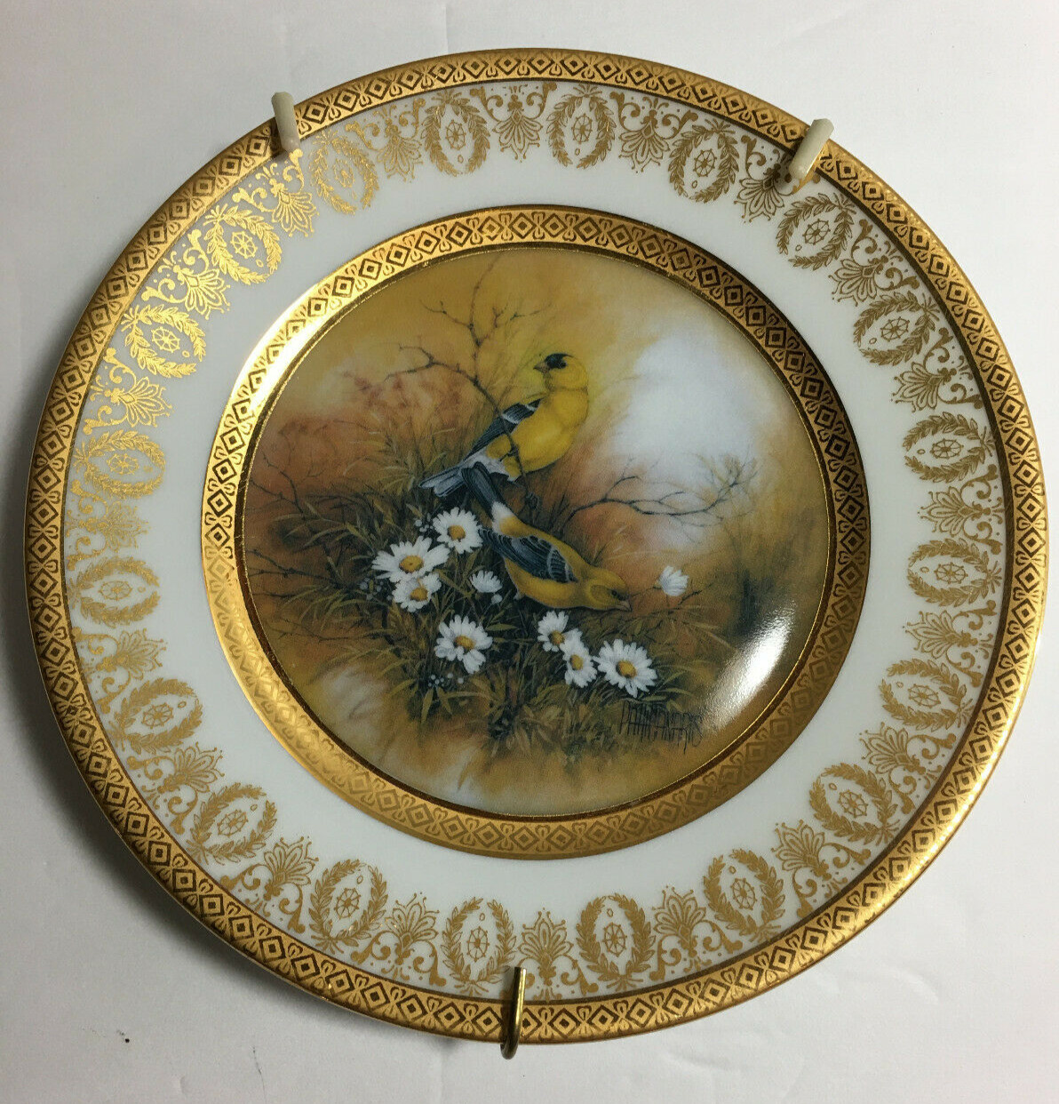 GOLD FINCHES Limoges France Plate & Hanger by Patti Canaris Songbirds ca. 1982