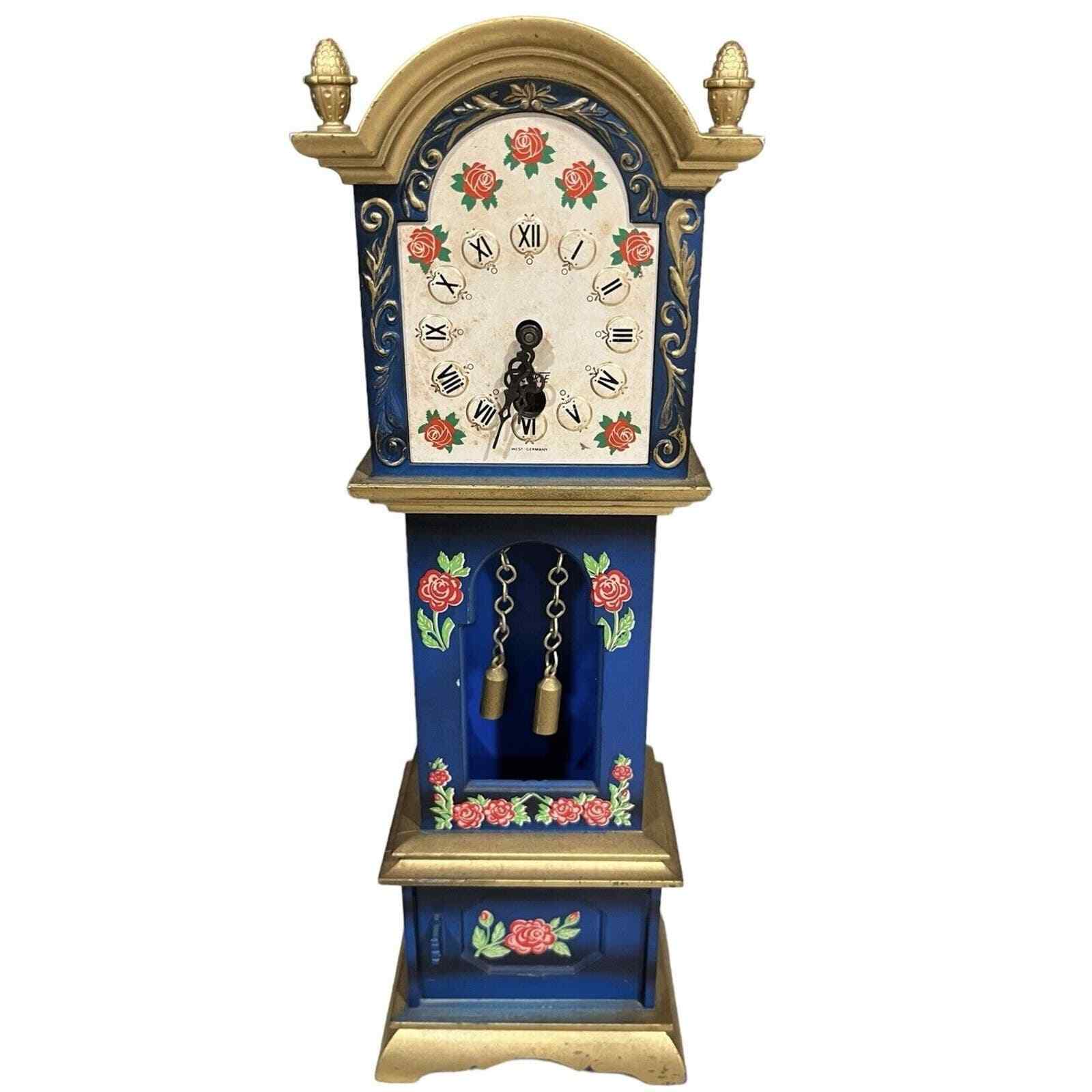 Vintage Miniature Grandfather Clock Trenkle West Germany Hand Painted 10” Blue