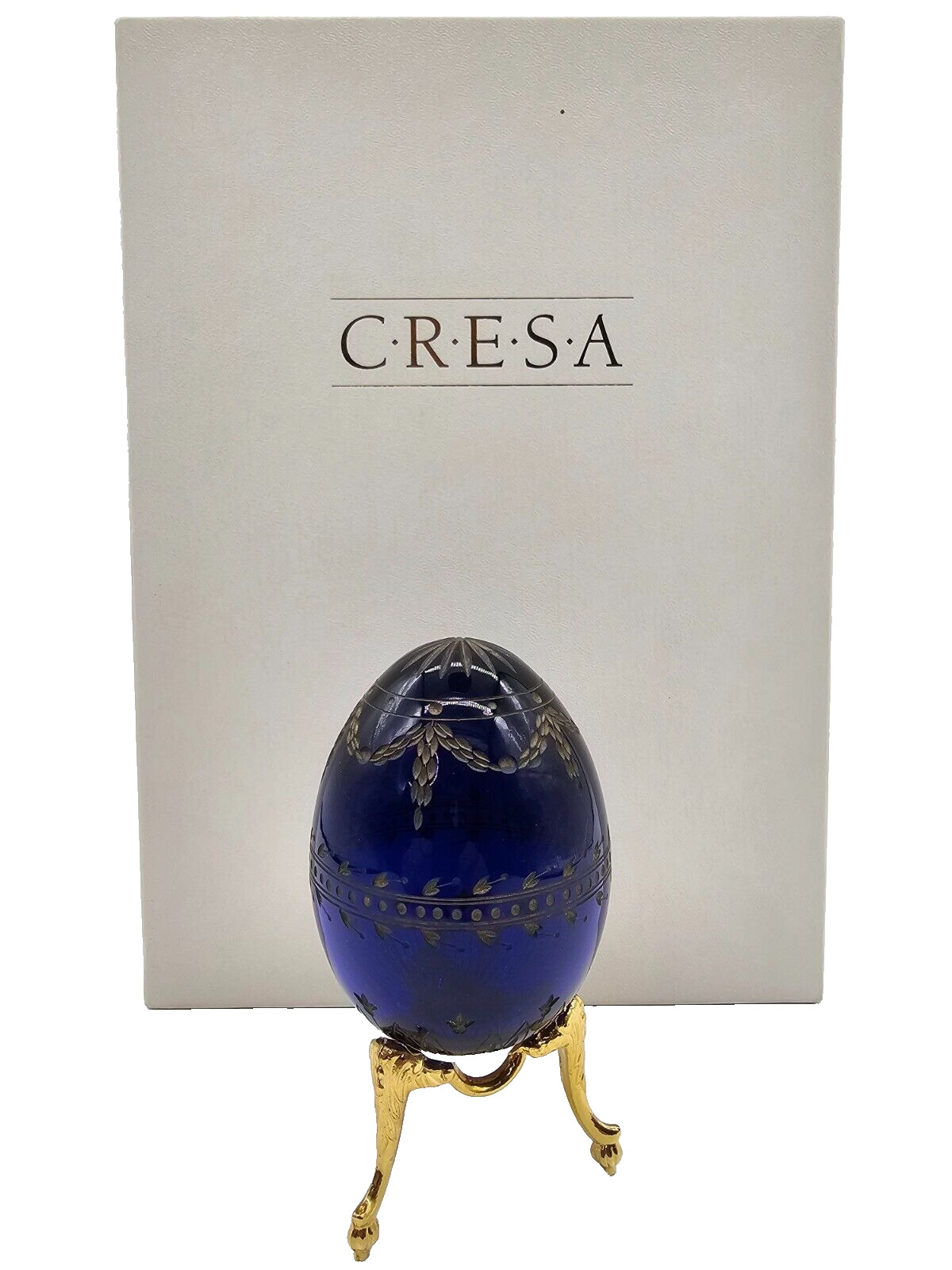 Vtg Cresa Faberge Russia Style Glass Acryl Egg Etched Blue Cobalt Serial # Boxed