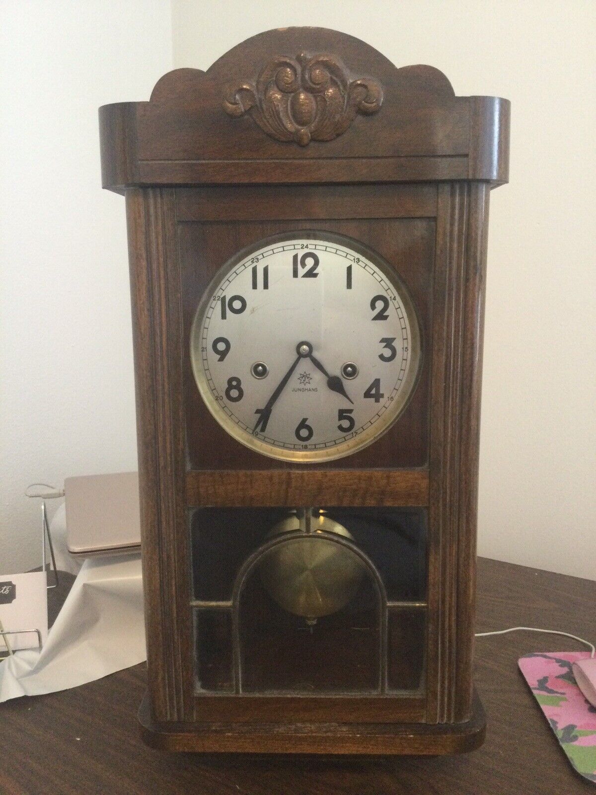 Antique Junghans Wall Clock Walnut With Pendulum & Key 1949