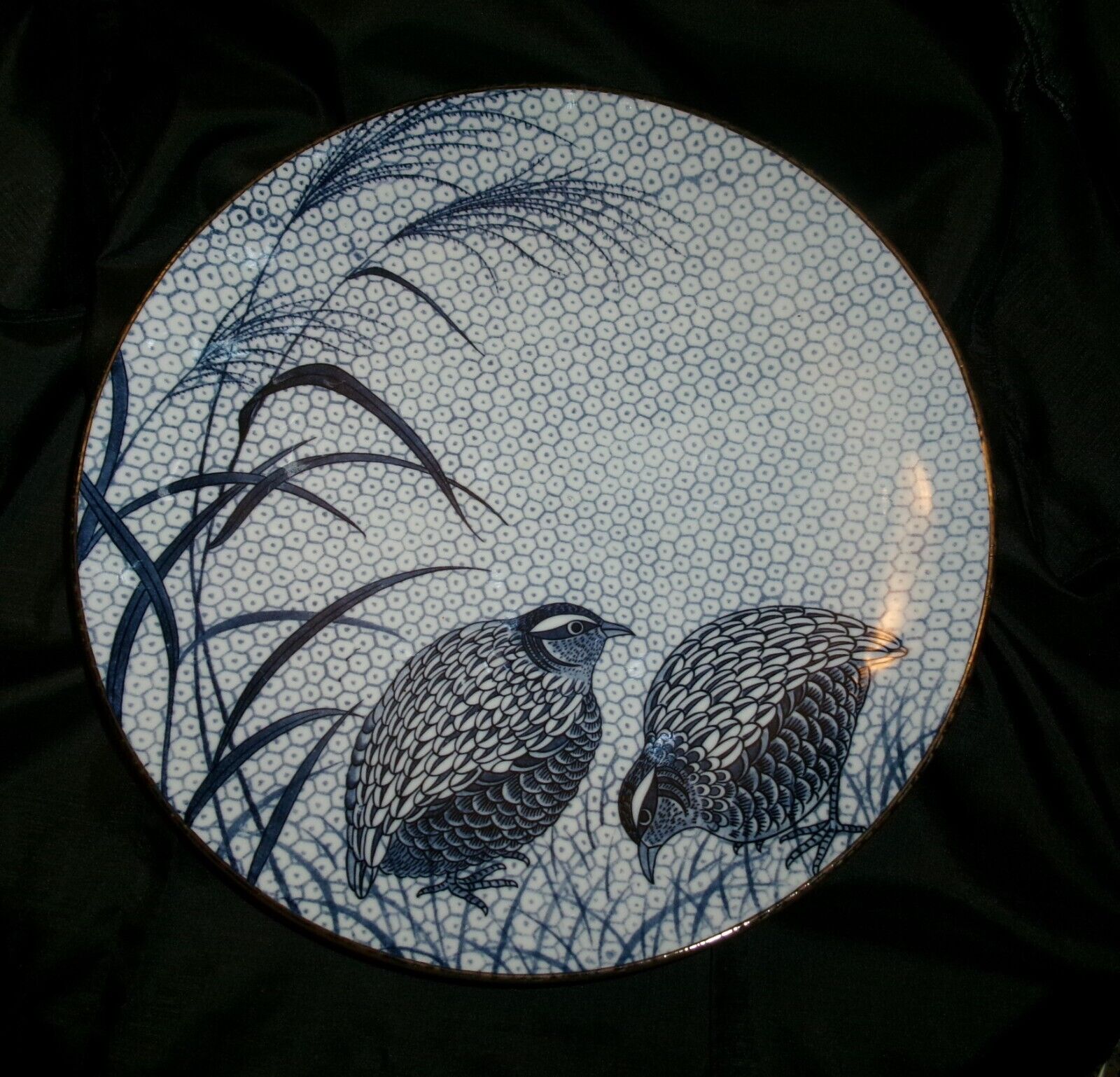 Vintage Japanese Large Charger with Quail and Millet, Blue and White Honeycomb