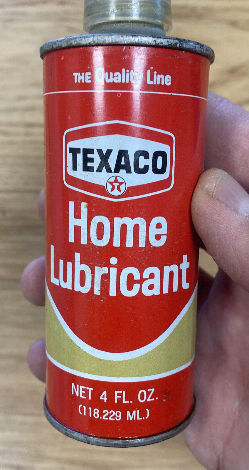 1960s Texaco home lubricant metal can 4 Oz tall spout 1/2 full 