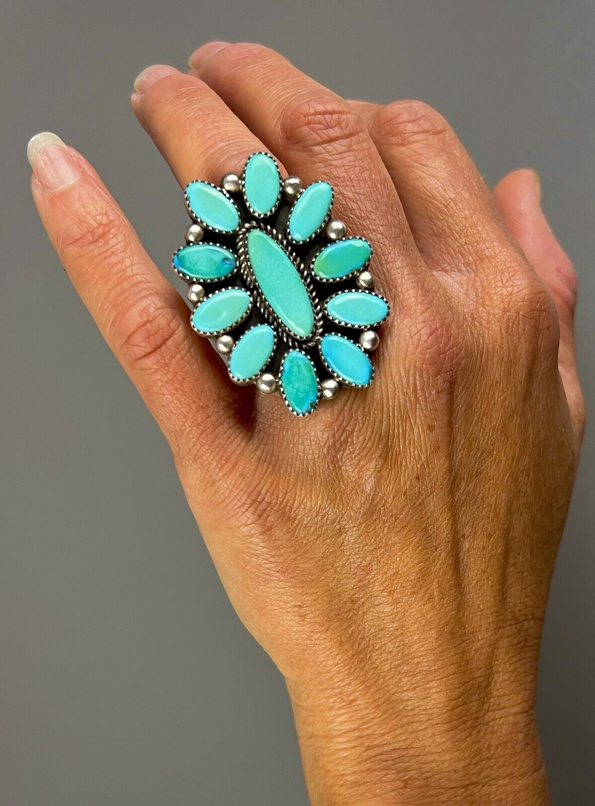 HUGE Vintage 2” Navajo Sterling Silver Vivid Turquoise Cluster Ring STUNNING🤩