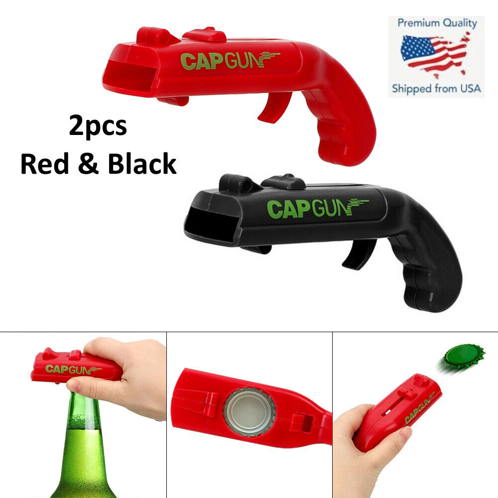 2pcs Bottle Cap Gun Beer Soda Opener Launcher Bar Firing Flying Caps Black & Red