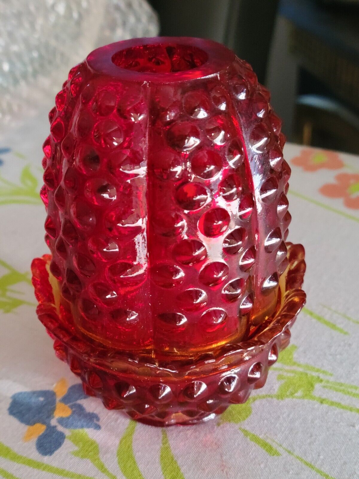 Vtg 4.5” Fenton  Amberina Hobnail Glass Fairy Lamp Red Orange Yellow Tones Nice