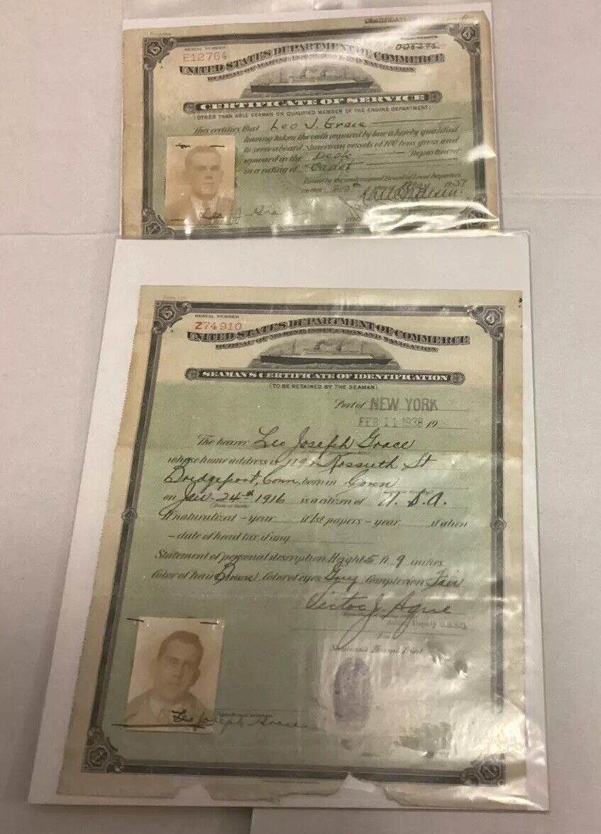 Vintage Seaman’s Certificate Of identification & Service. Port Of New York 1938