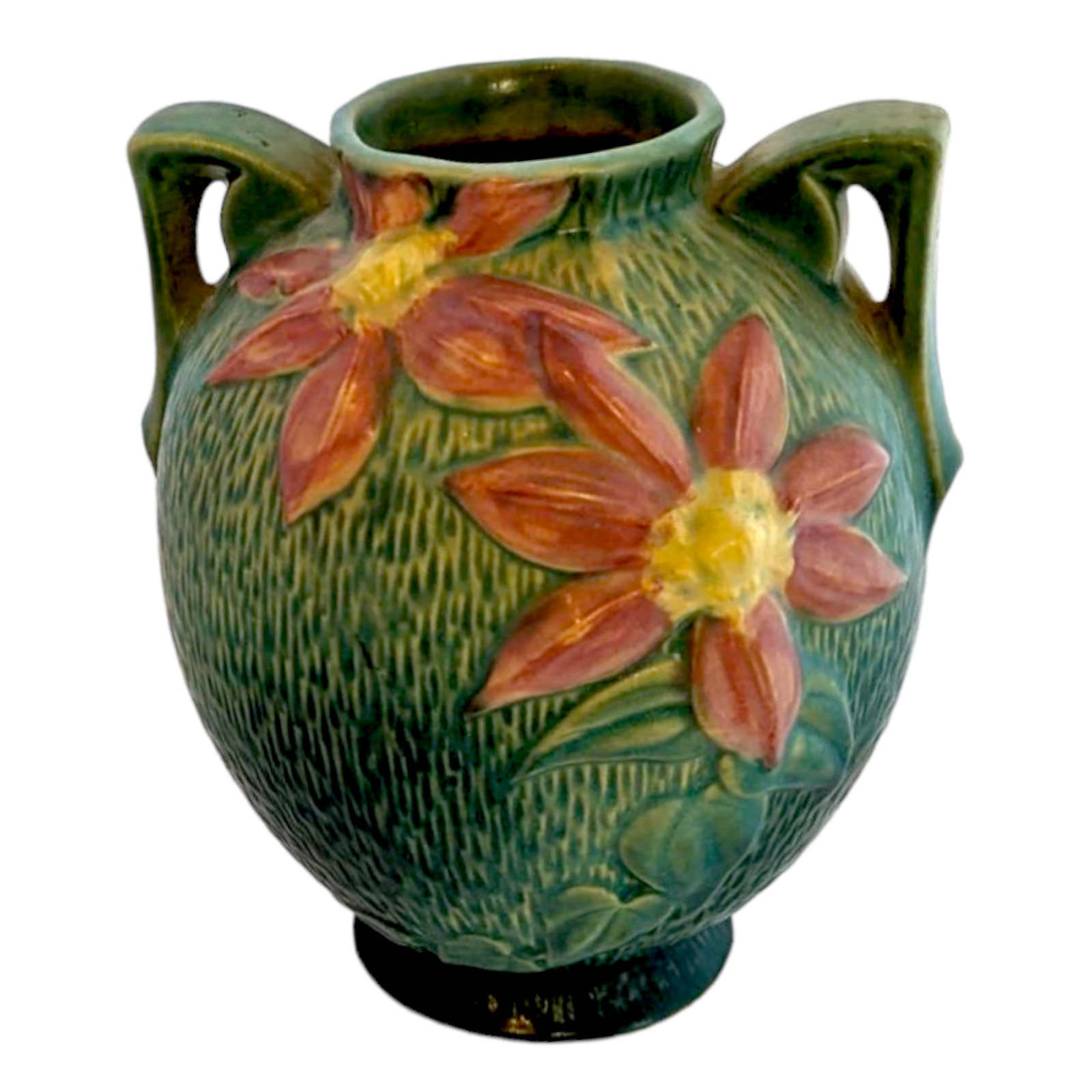 Roseville Clematis Green Vase 107-8 Double Handle Mark RJ 1940s Bulb Pink Floral