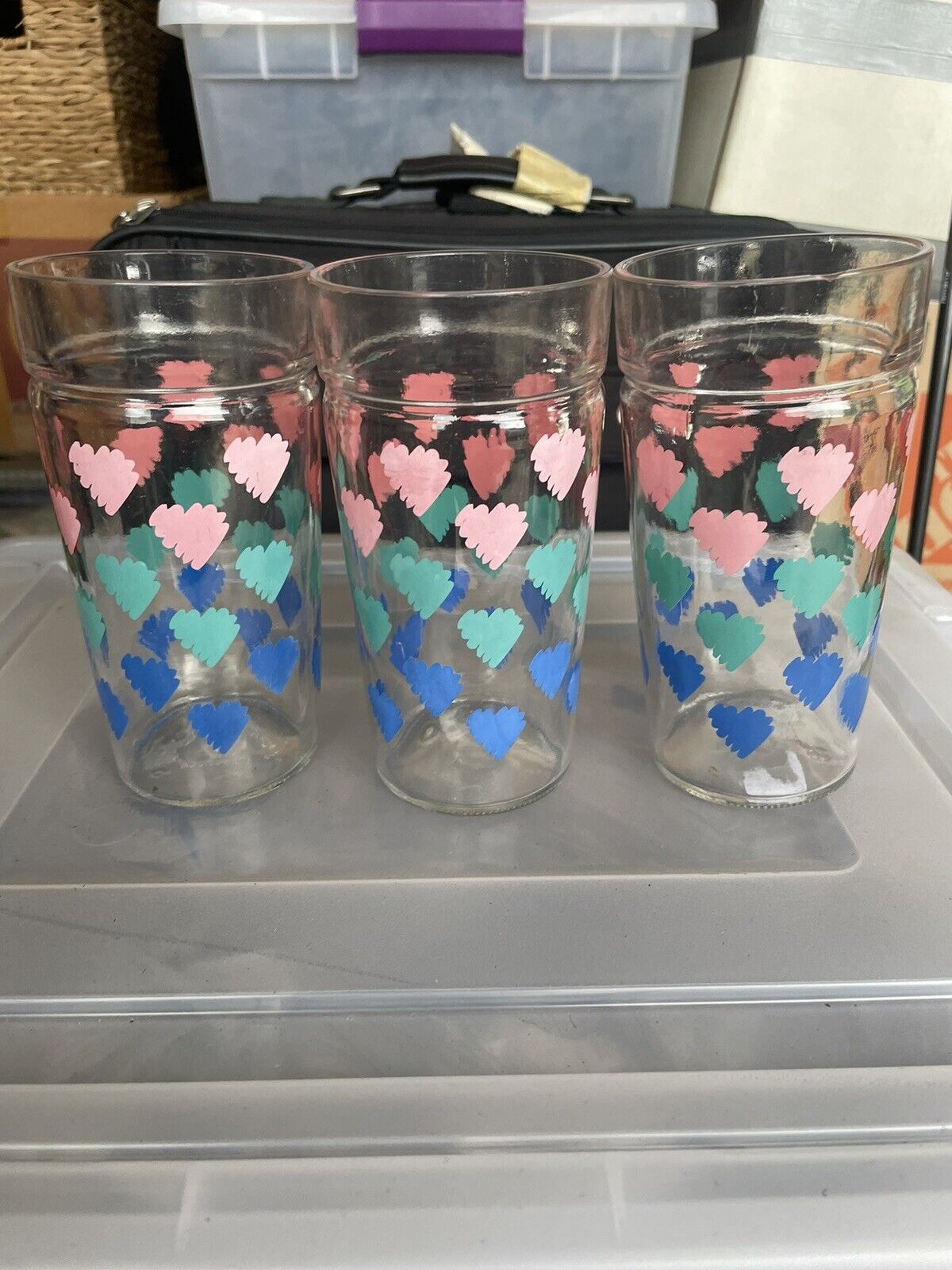 Vintage Anchor Hocking 6 in. Jelly Jar Style Glasses, Set of 3 Heart Patterns 