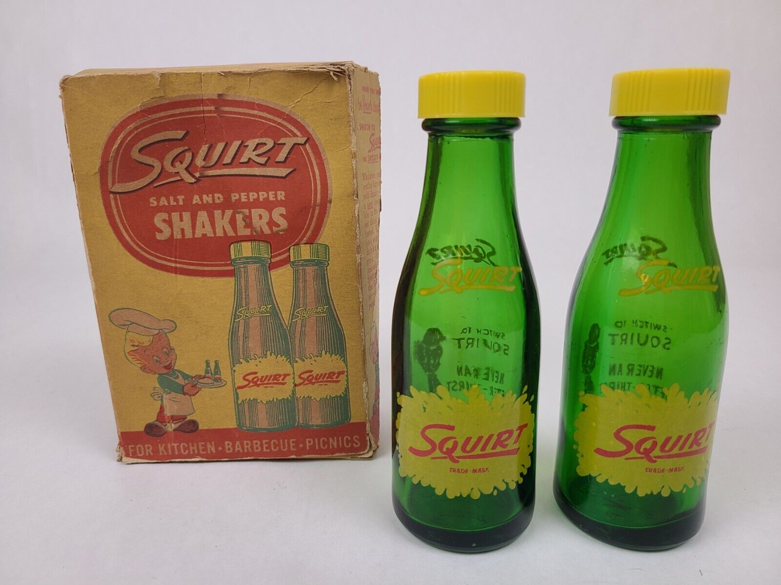 Squirt Soda Pop Green Glass Bottle Salt & Pepper Shakers w/ Yellow Screw Caps