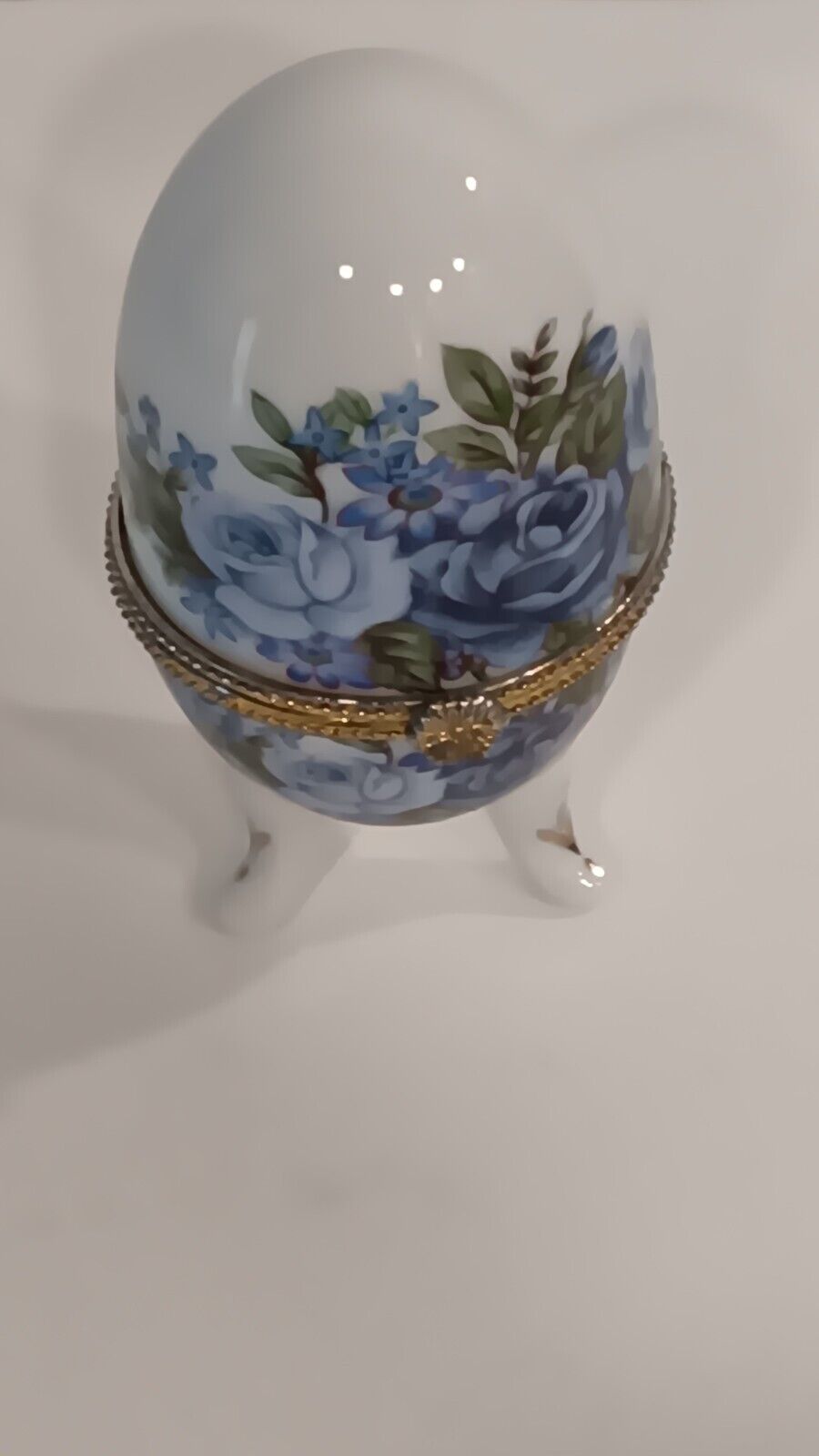 Vintage Egg-Shaped Blue & White with Gold Accents Ceramic Footed Trinket Box