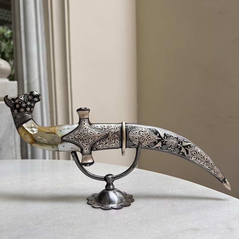 Vintage Indo Persian Mughal dagger with silver koftgari and horse hilt dagger