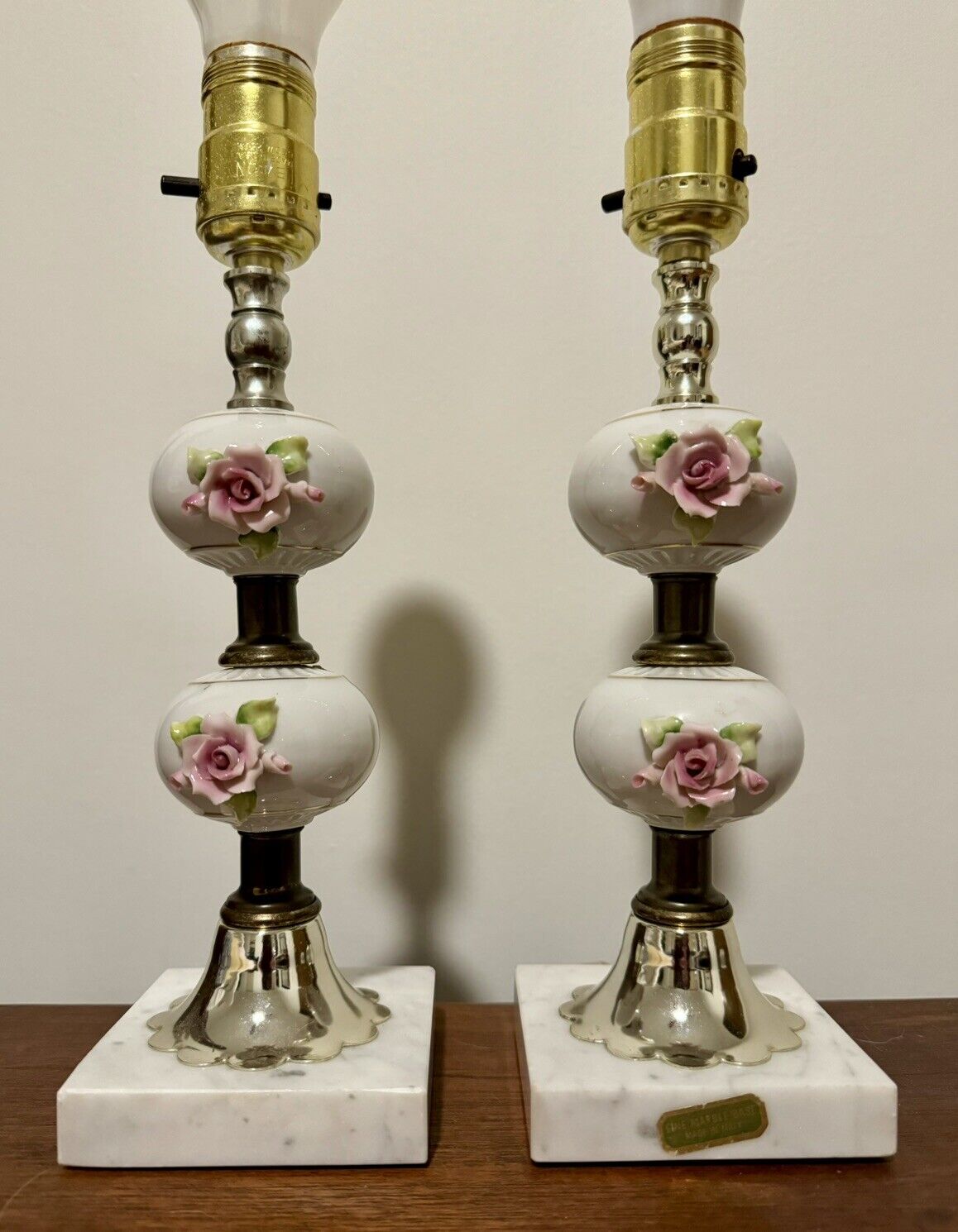 Vintage Retro Porcelain Table Lamps With Floral/Roses With Marble Based 1950s