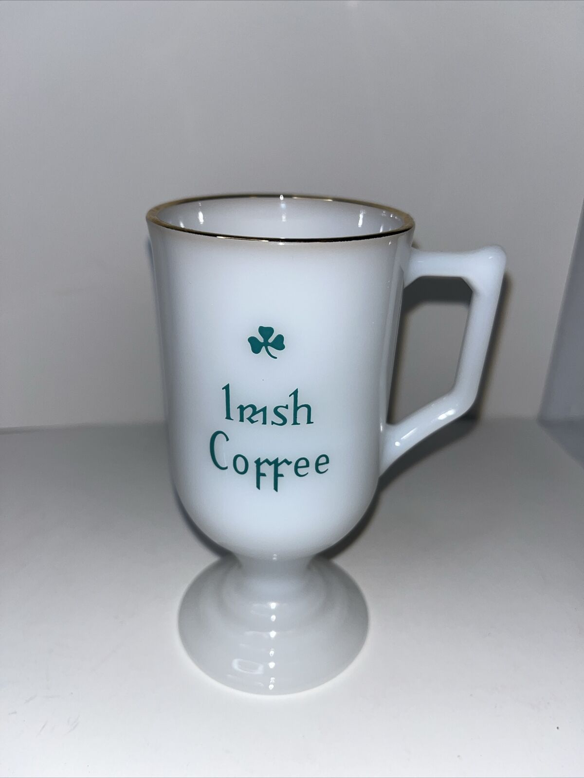 Vintage Irish Coffee Mug Milk Glass ShamrockCup White Green St Patricks Day Luck