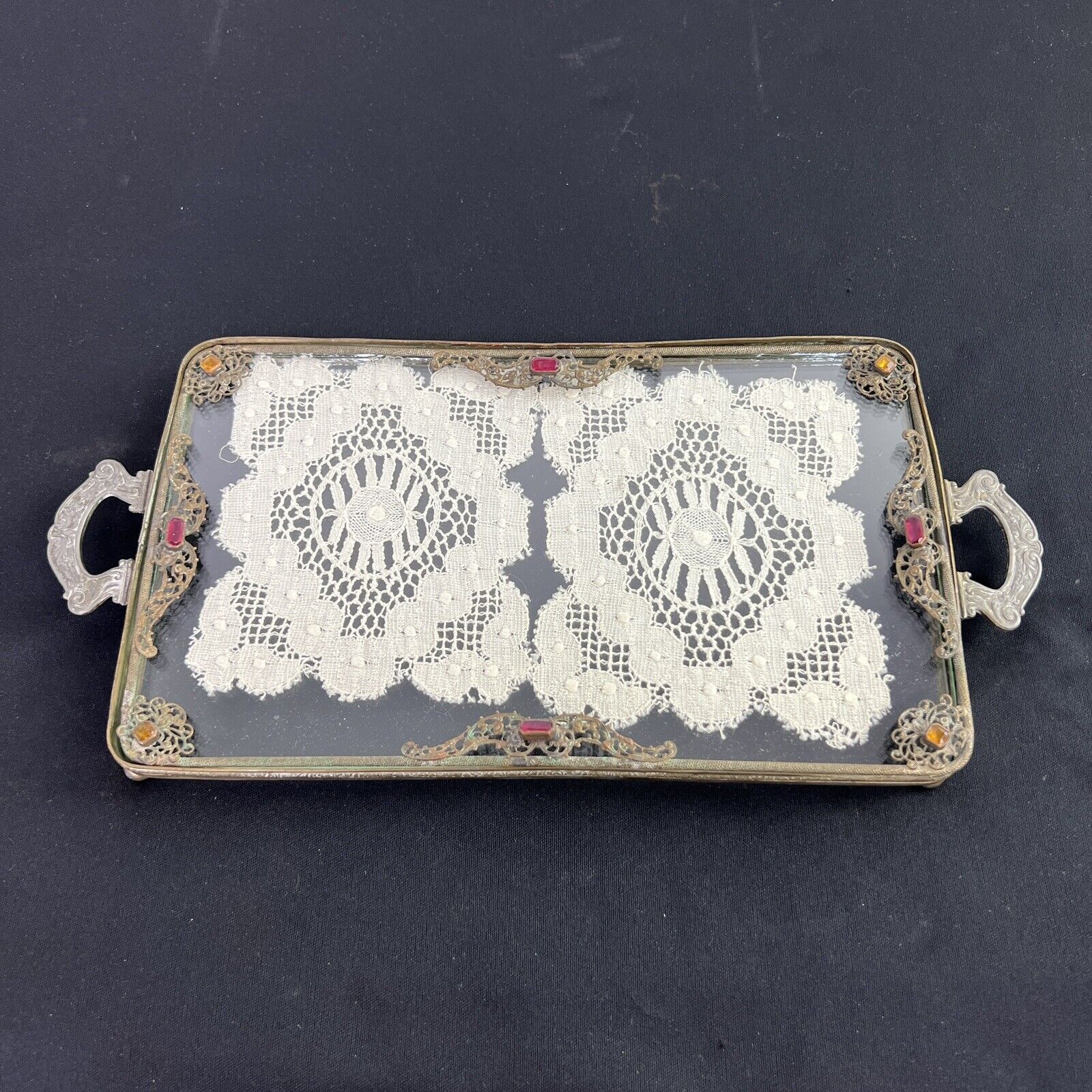 Antique Silvercraft Brass Silver Gem & Glass Footed Tray Lace 10”x6”