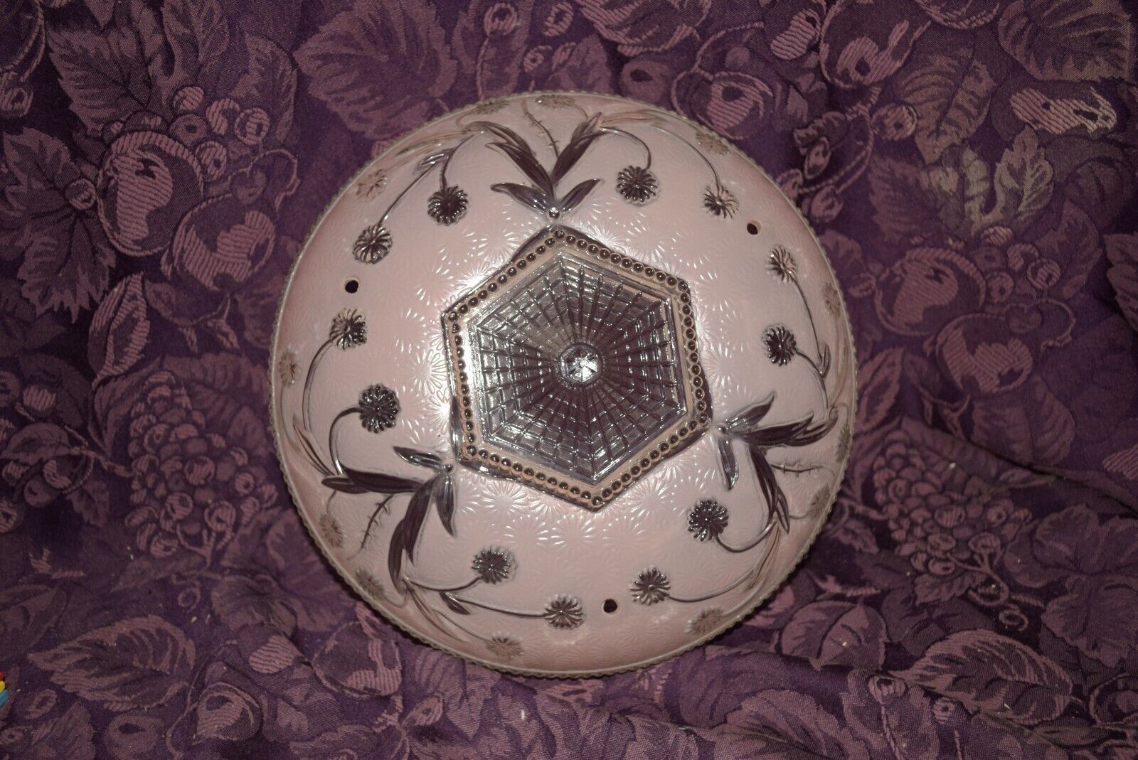 Vintage Art Deco Glass Ceiling Light Dome Lamp Shade Diamond Pink Textured MCM