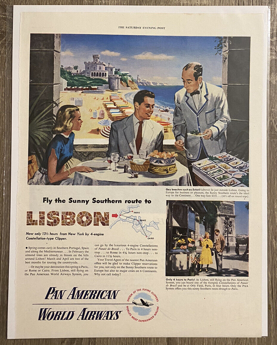 Vintage 1940s-50s Original Magazine AD Pan American World Airways Lisbon Route