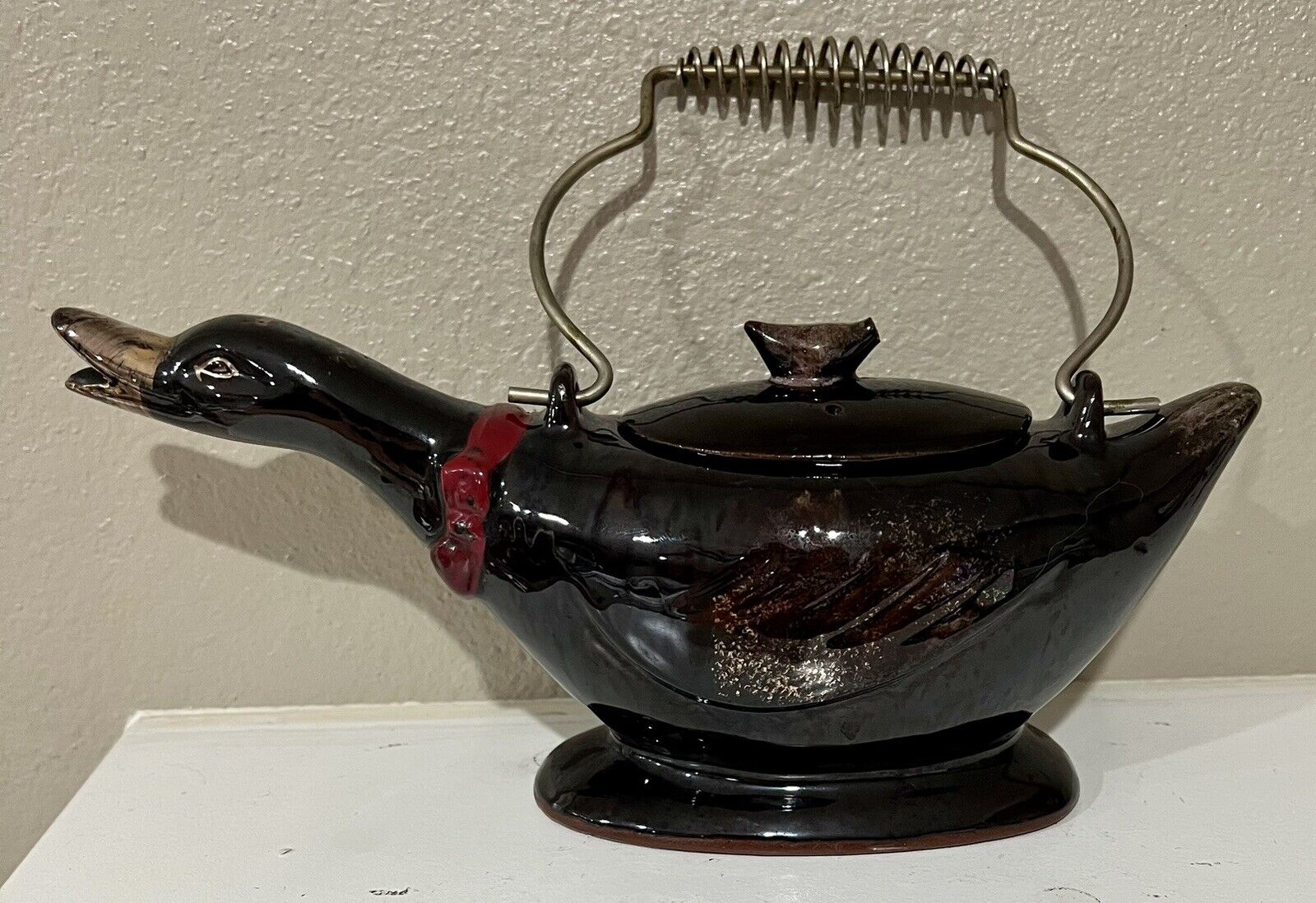 Vintage Japanese Redware Pottery Duck Teapot With Lid 1950’s