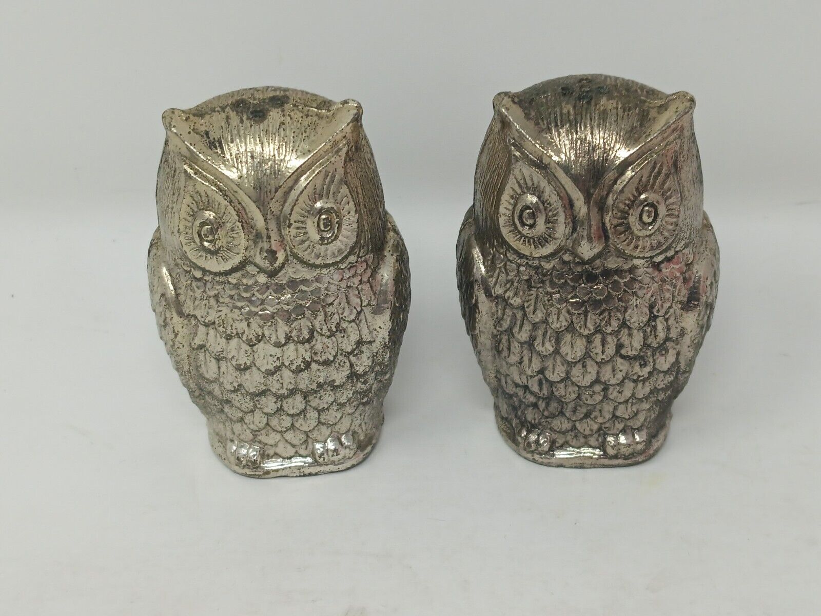 Mid Century Modern Vintage Pewter Owl Salt & Pepper Shakers Metal