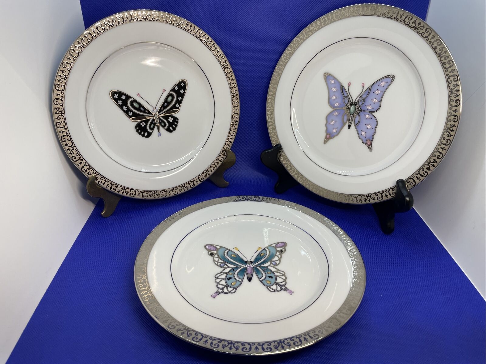 Vintage Platinum Buffet Royal Gallery Butterfly Salad Plates 1999 Lot Of 3 MINT