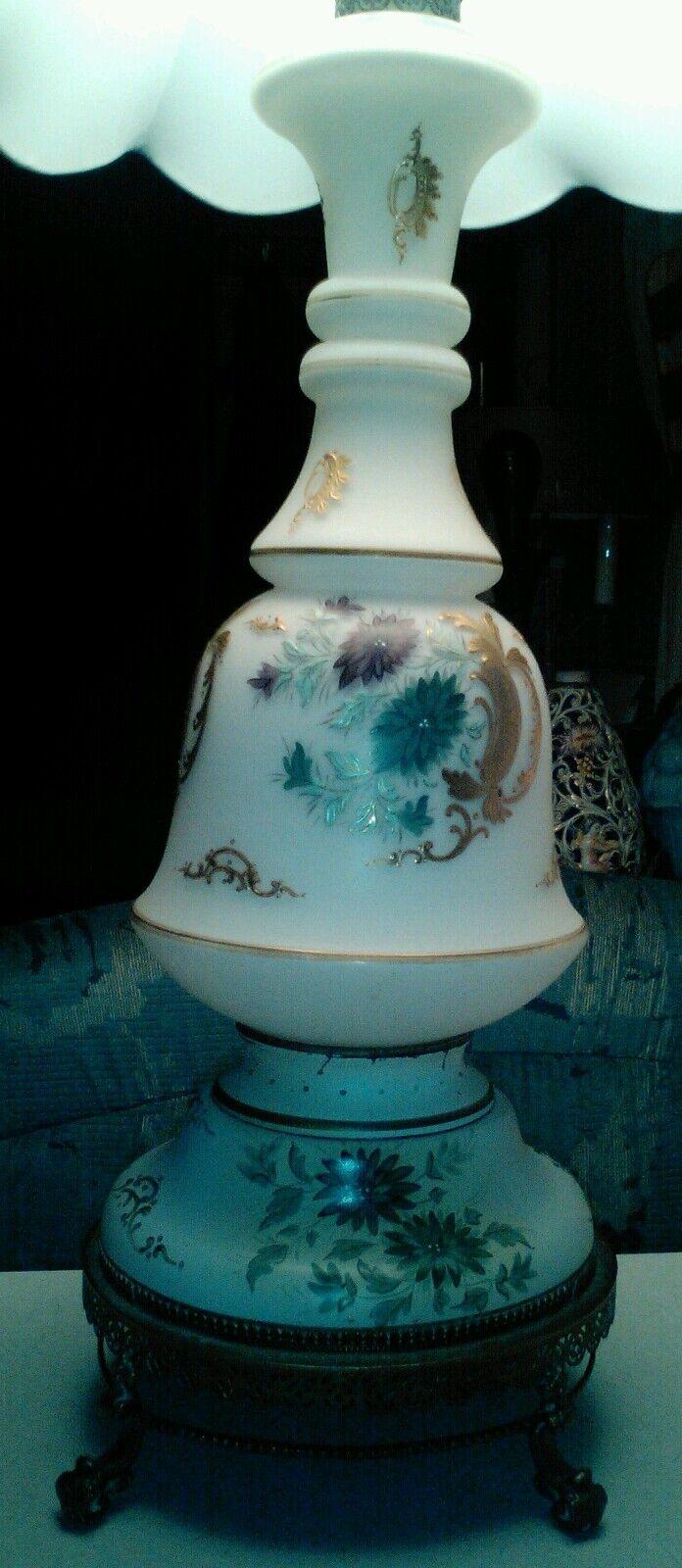 Bohemian White satin glass 1930s enamel floral table lamp 